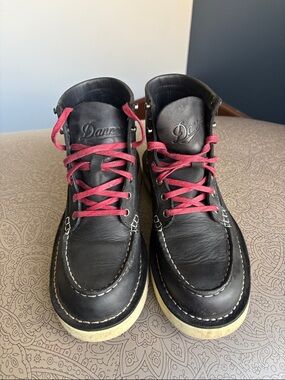 Danner Black Leather Moc Toe Boots with Pink-Red Laces